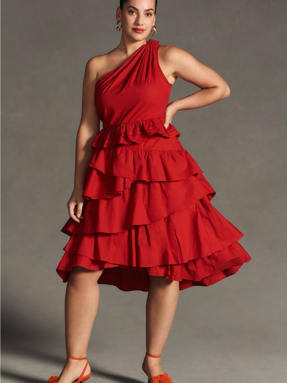 Anthropologie Red One-Shoulder Tiered Ruffled Dress; Size 20W